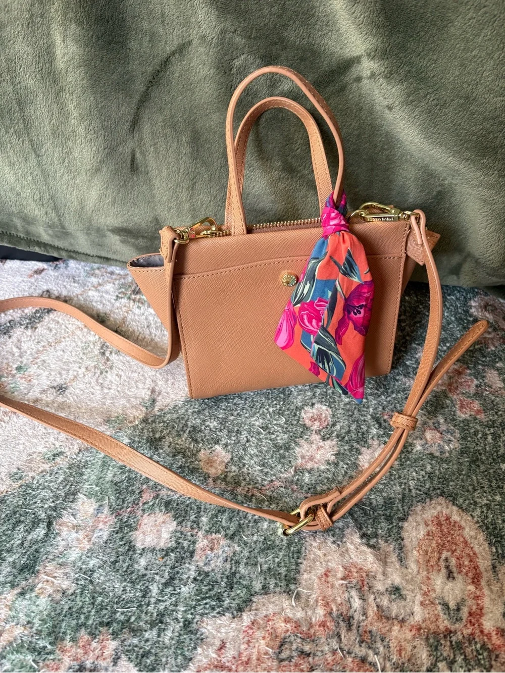 Steve Madden Tan Saffiano Satchel with Pink Floral Scarf Accent